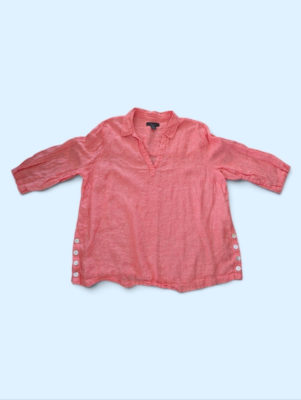TAHARI Linen Tunic Top Lagenlook Shirt Plus Sz 2X Coral Shell Button Sides EUC